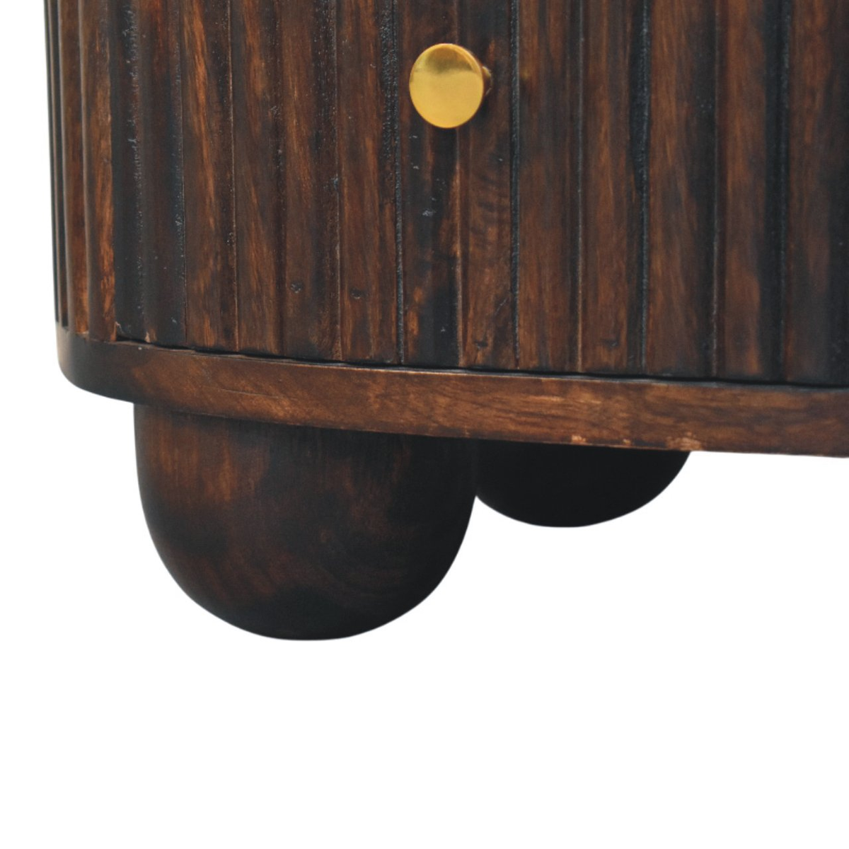 Artisan Furniture Solid Mango Wood Curved Fluted Bedside Table with 3 Drawers and Brass Knobs – Dark Brown