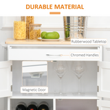 HOMCOM Rolling Kitchen Island Cart with Drawer & 9-Bottle Wine Rack – Rubberwood Worktop, White