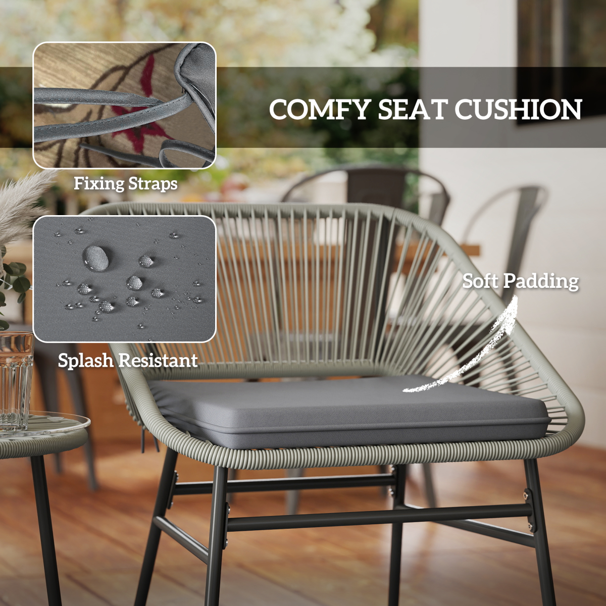 Outsunny 3-Piece Rattan Bistro Set with Cushions & Tempered Glass Table – Balcony Patio Furniture, Light Grey