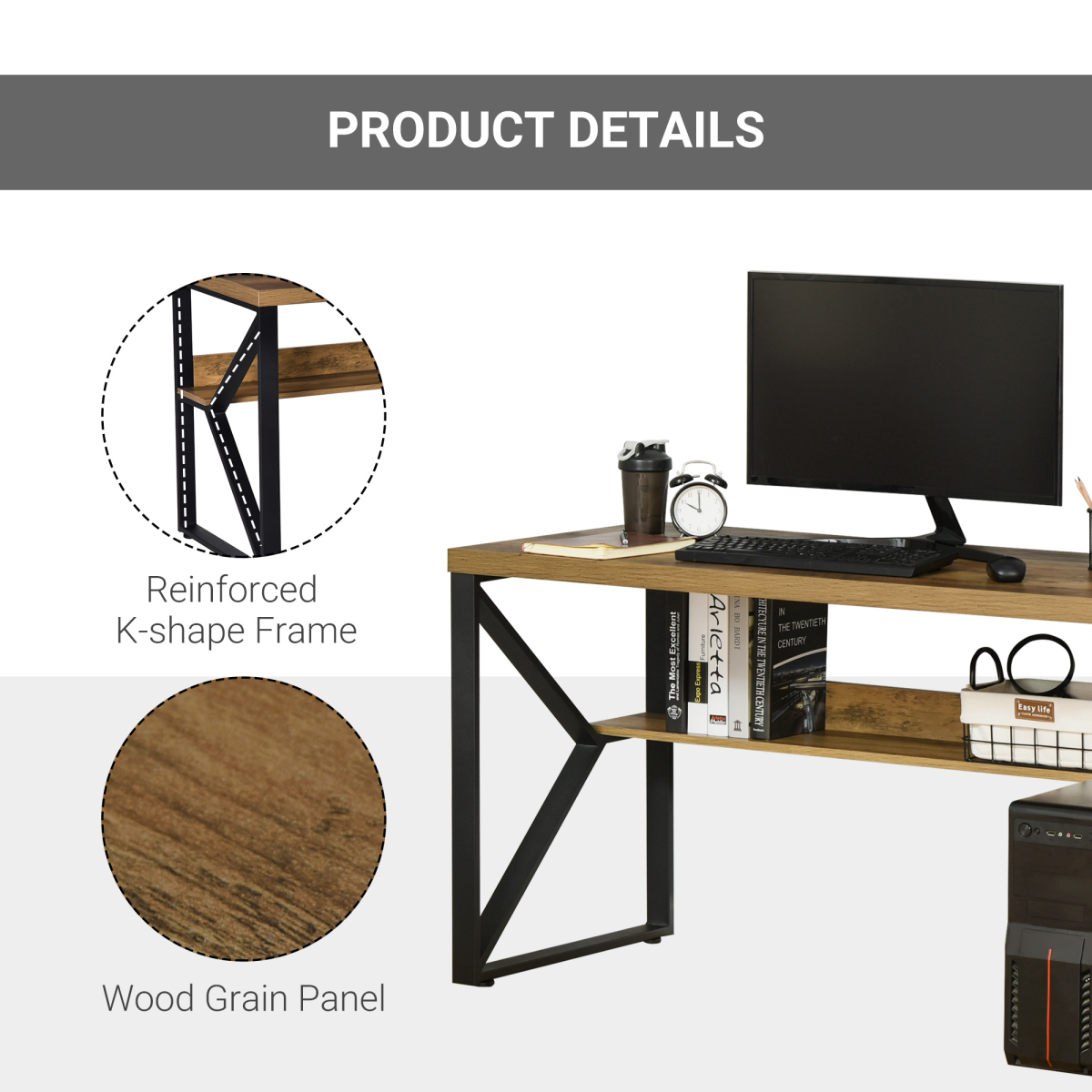K-Leg Computer Writing Desk with Storage Shelf – Wood-Effect Home Office Desk, 120cm