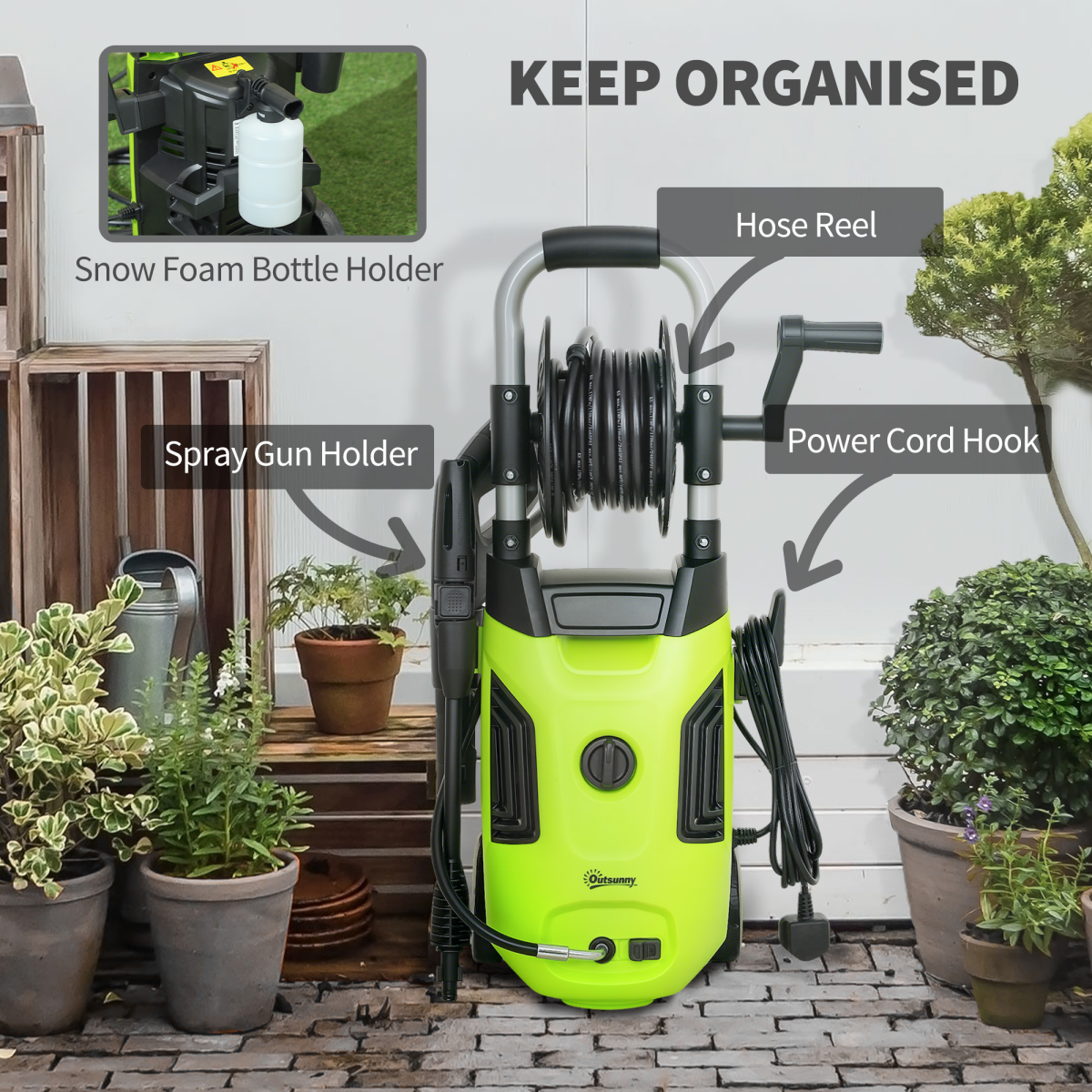 1800W High Pressure Washer with Hose Reel and Snow Foam Bottle, 150 Bar – Car and Patio Cleaner, Green