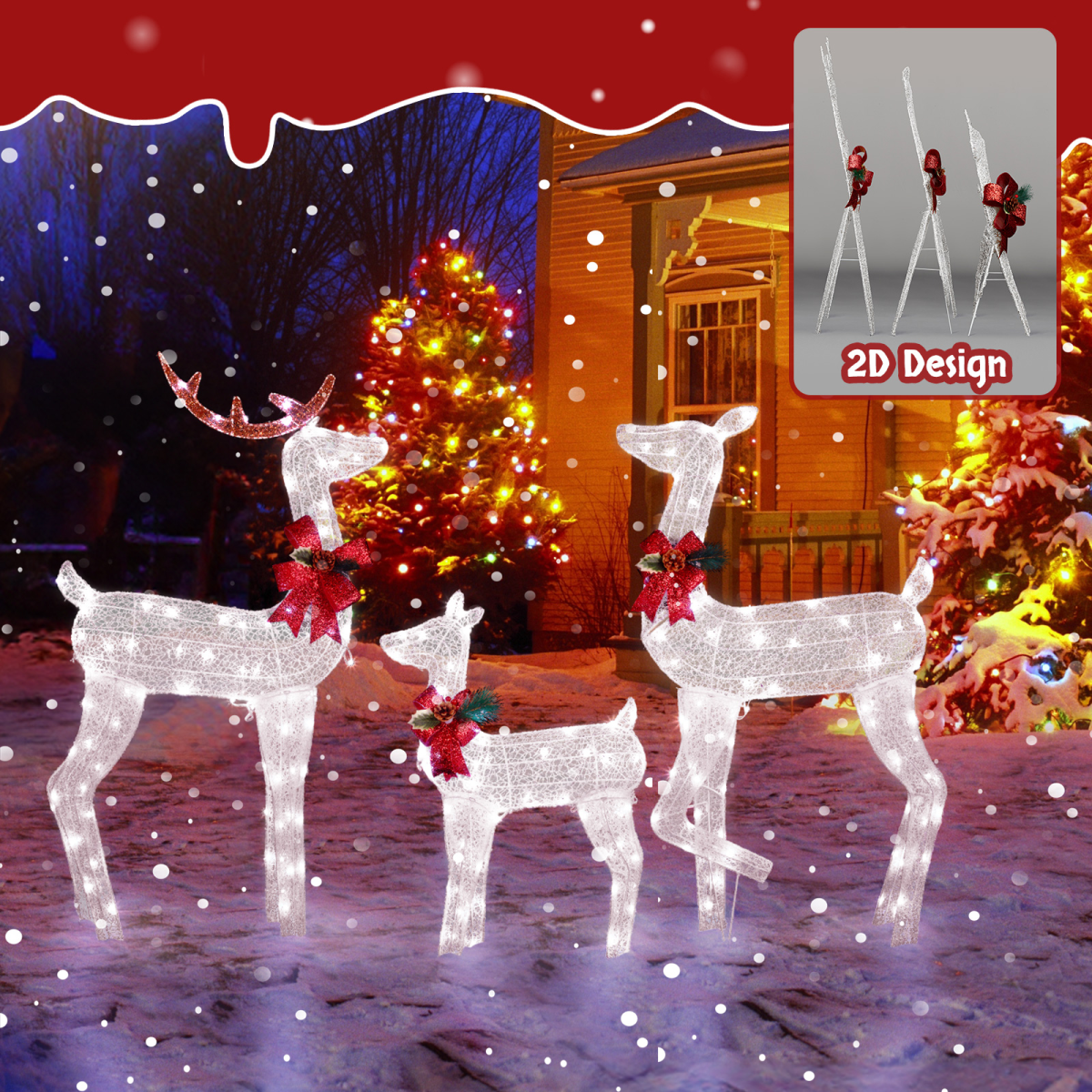 Lighted Christmas Reindeer Family – 3 Piece Outdoor Set with 200 White Lights & Ground Stakes