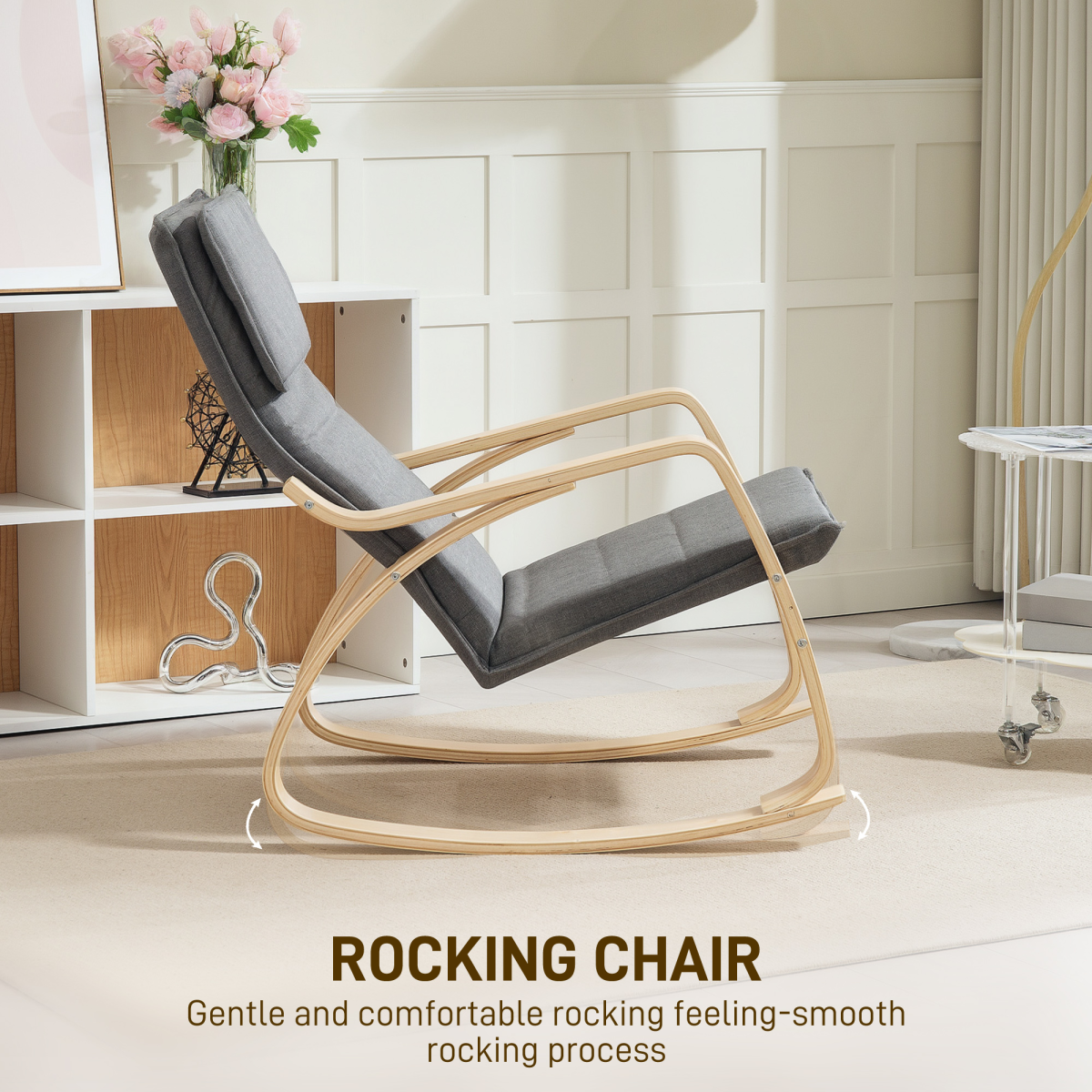 Rocking Chair with High Back, Headrest & Curved Wooden Frame – Linen-Feel Upholstered Armchair, Grey