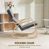 Rocking Chair with High Back, Headrest & Curved Wooden Frame – Linen-Feel Upholstered Armchair, Grey