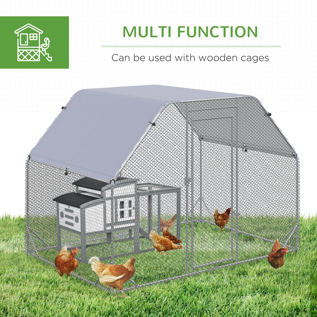 PawHut Walk-In Chicken Run with Roof Cover, Galvanised Steel Coop for 4-6 Chickens – 2.8m Hen House
