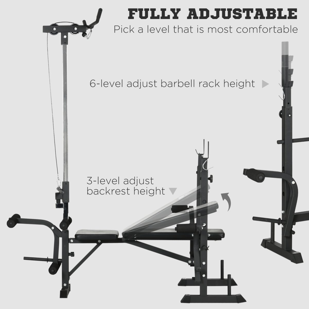 HOMCOM Adjustable Weight Bench with Barbell Rack & Lat Pulldown – Multifunction Full Body Home Gym Bench