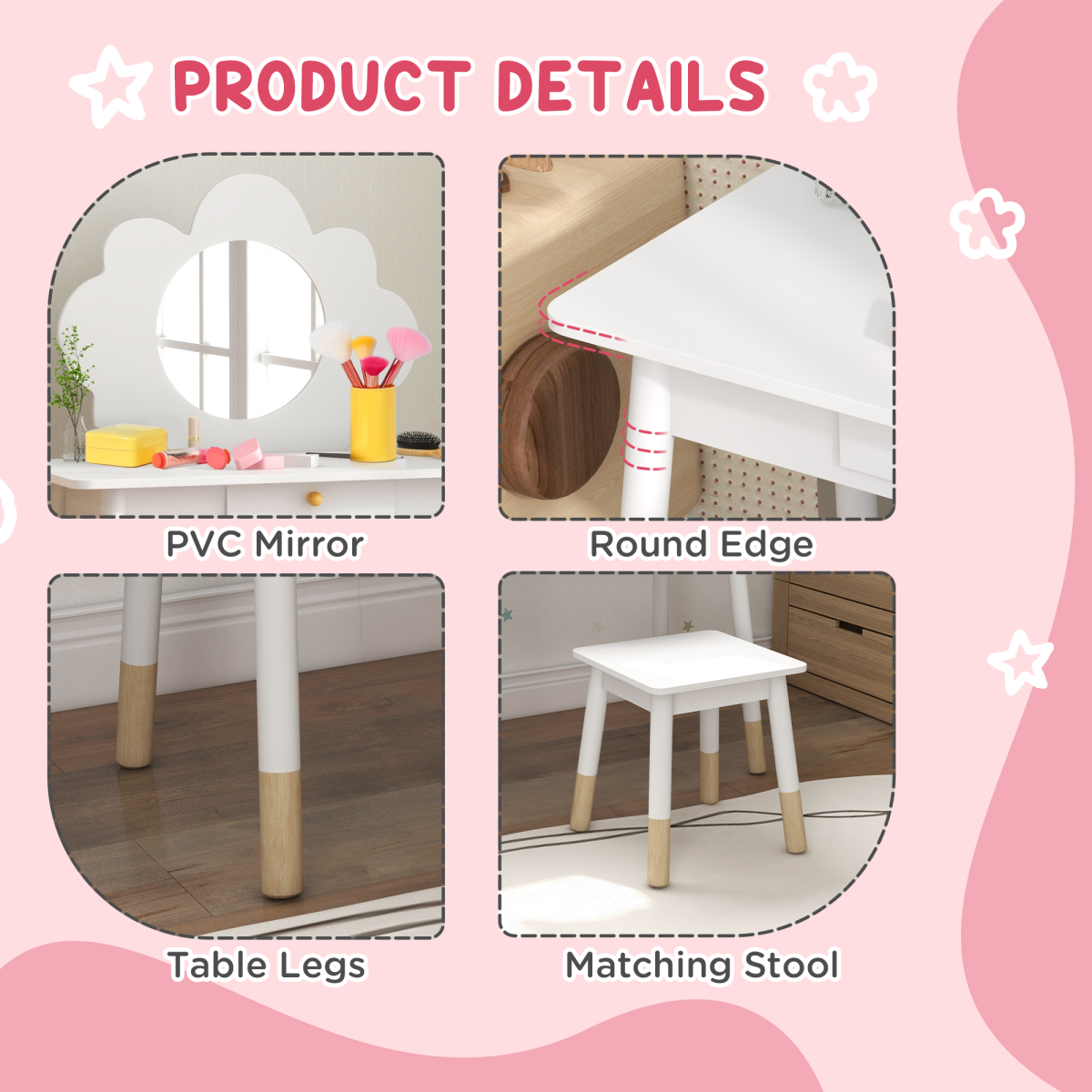 AIYAPLAY Kids Dressing Table with Mirror, Stool and Storage Drawer – Cloud Design Play Vanity Set, White