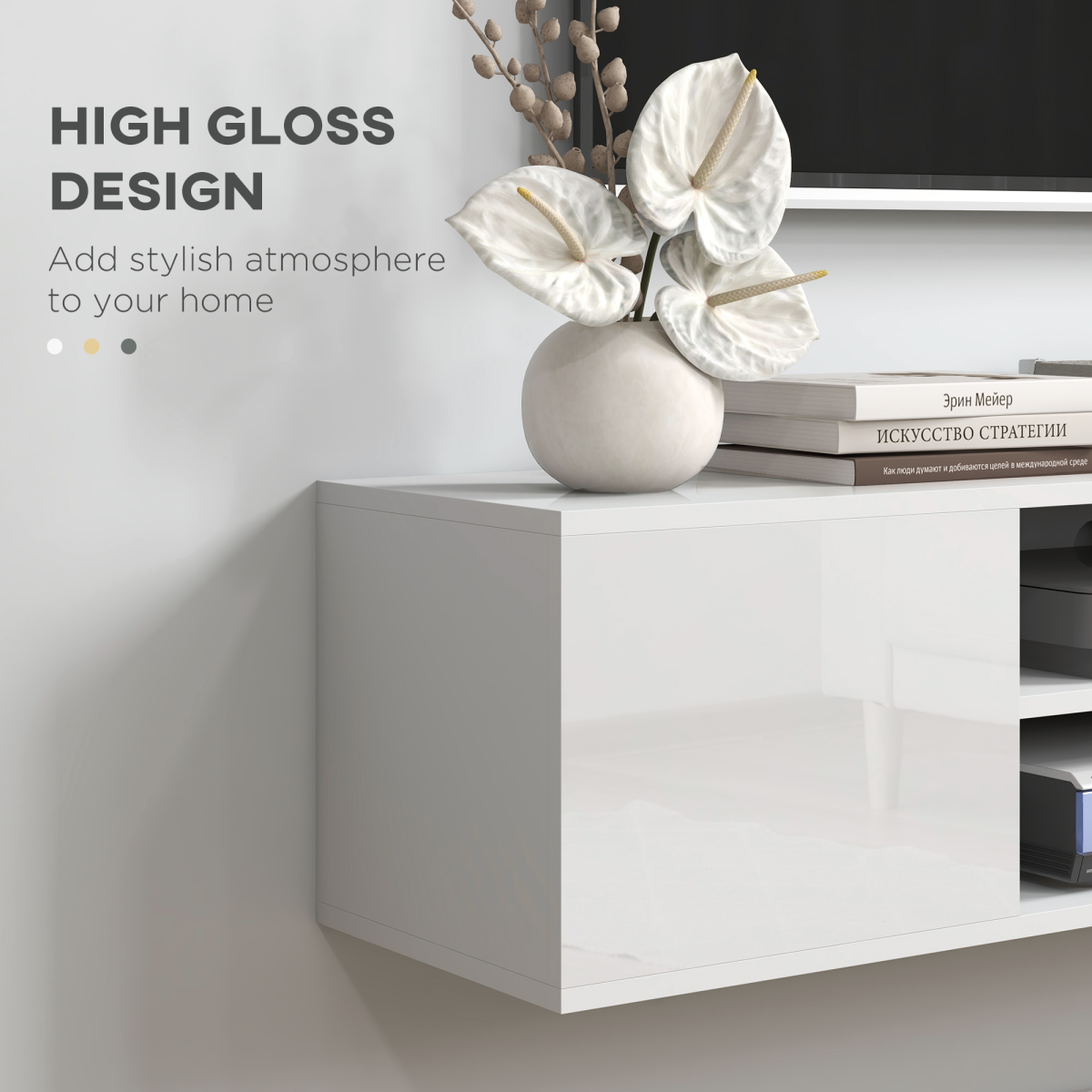 HOMCOM Wall-Mounted Floating TV Unit for TVs up to 60" with Shelves & Cabinets – High Gloss White