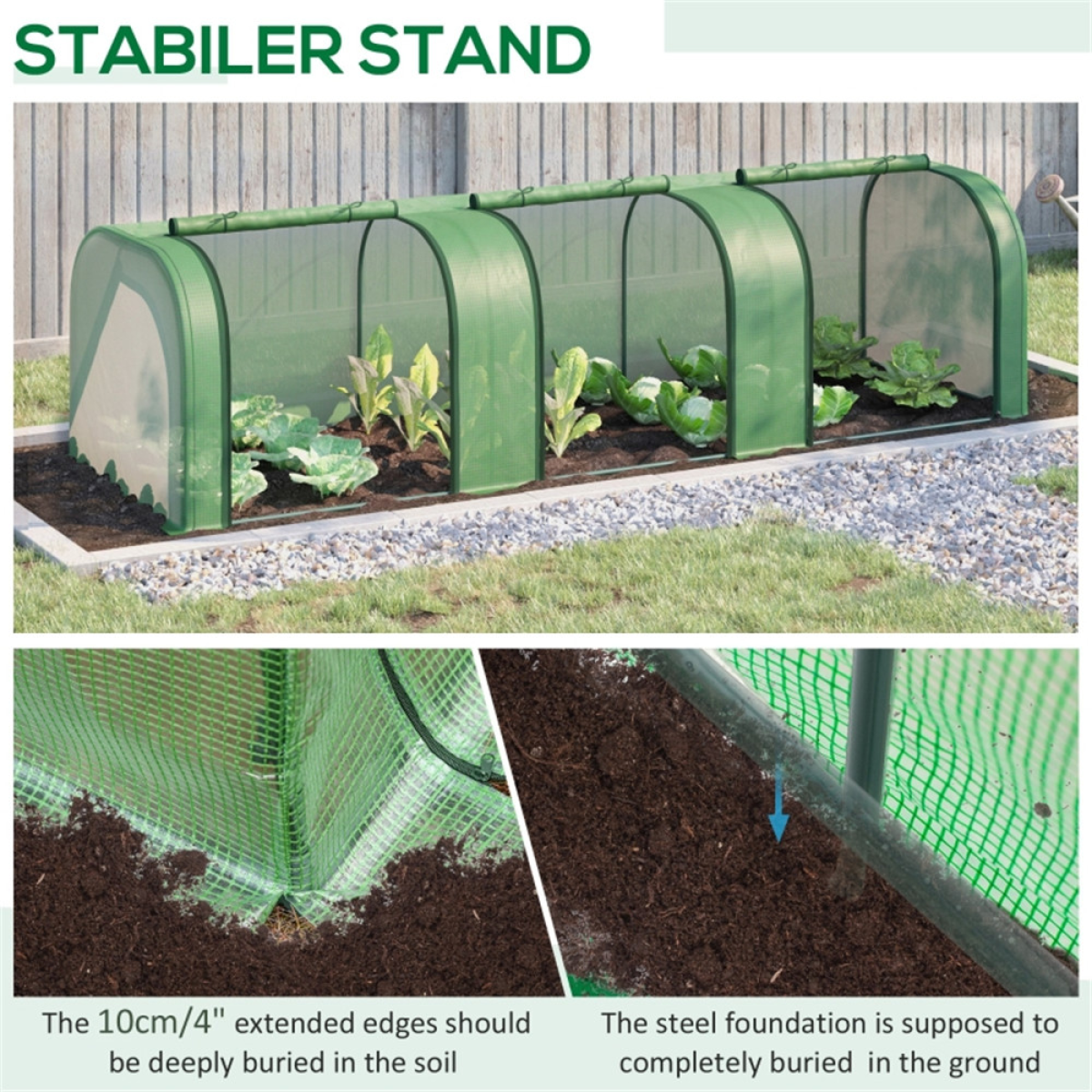 Mini Tunnel Greenhouse with 3 Roll-up Zipped Doors – Steel Frame PE Cover Grow Tunnel, 9.7 x 3.3 x 2.6ft, Green