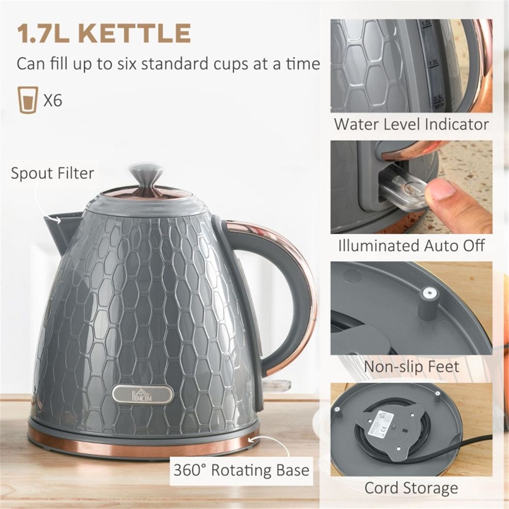 Honeycomb 1.7L Fast Boil Kettle & 4-Slice Toaster Set – Matching Breakfast Duo with Browning Settings