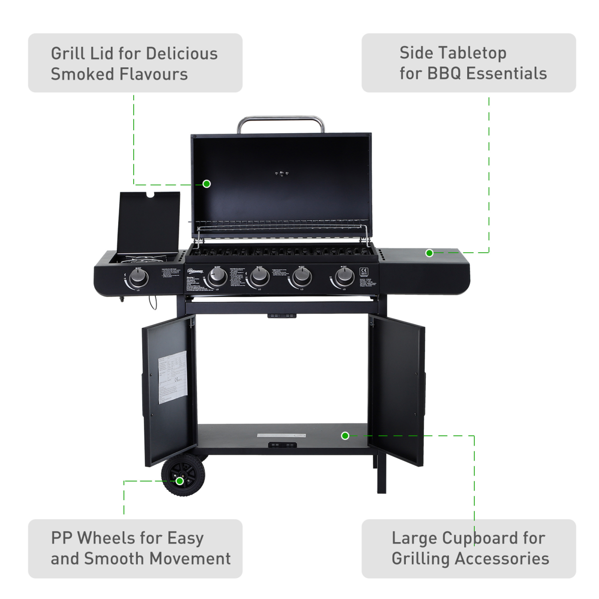 Outsunny 4+1 Burner Gas BBQ Grill with Side Burner, Thermometer & Storage Cupboard – Wheeled Steel Barbecue, Black