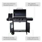 Outsunny 4+1 Burner Gas BBQ Grill with Side Burner, Thermometer & Storage Cupboard – Wheeled Steel Barbecue, Black