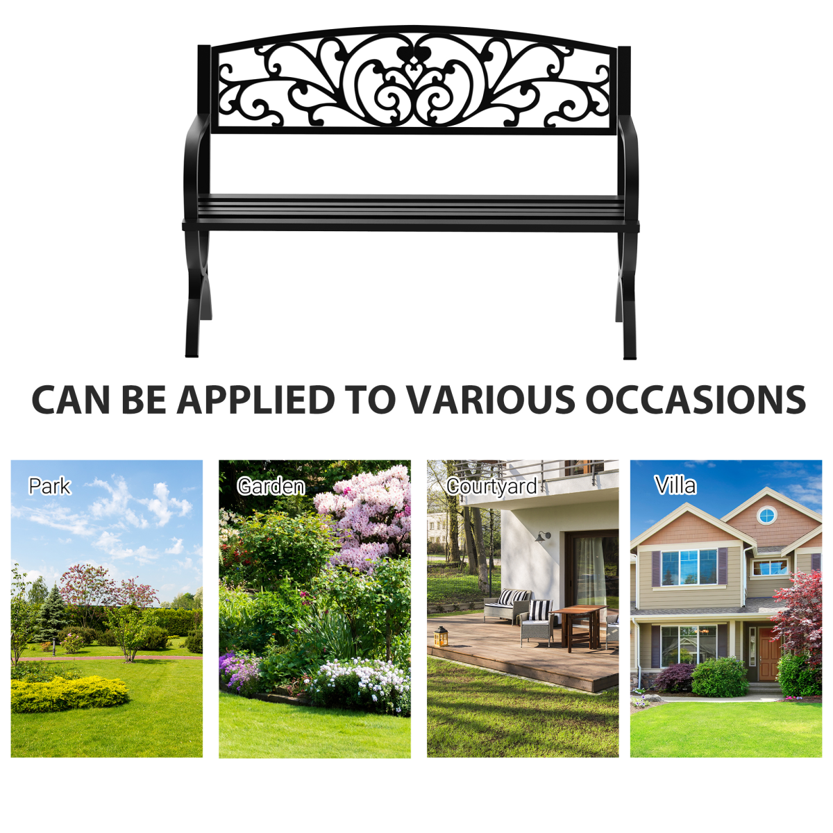 Outsunny Steel Garden Bench, 2-Seater Outdoor Seating with Decorative Backrest – Patio & Garden Furniture, Black