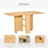 HOMCOM Folding Drop-Leaf Dining Table with 2 Storage Shelves & Lockable Wheels – Space-Saving, Teak