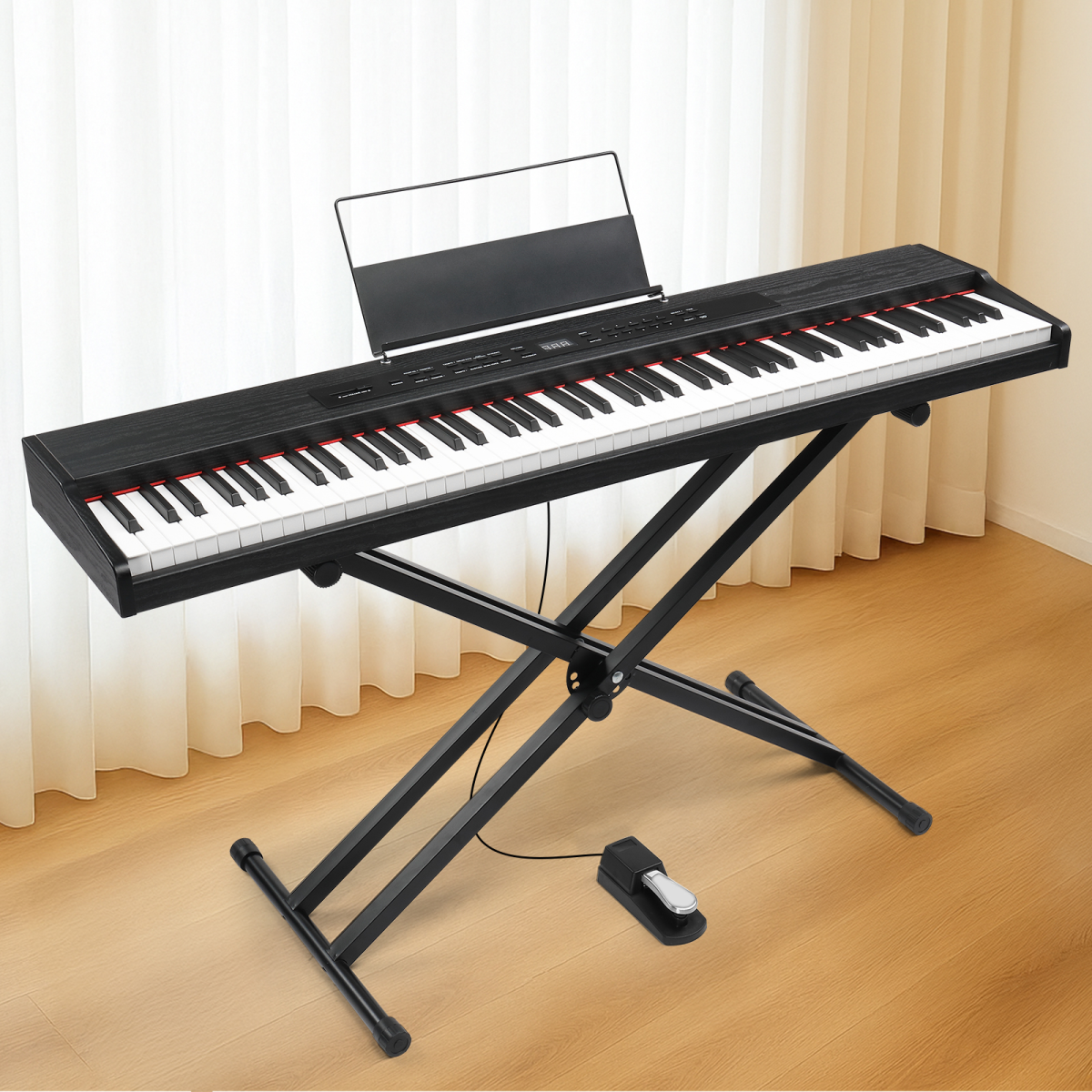 GPPD01-203 88 Key Digital Piano with Metal Stand, Bluetooth MIDI and Triple Pedals – Beginner Keyboard, Black