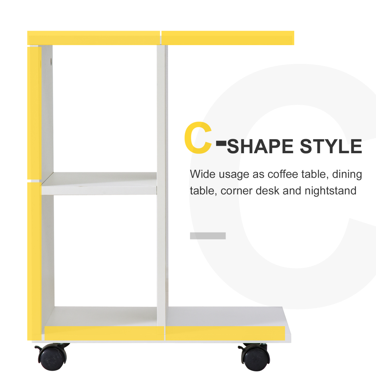 C-Shaped Mobile End Table with 2 Shelves & Wheels – Slide-Under Sofa Side Table, White