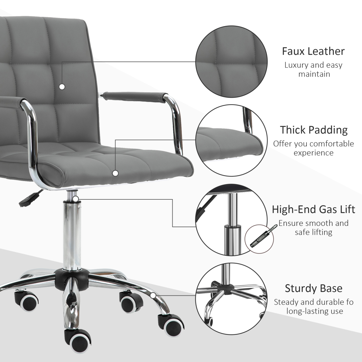 Vinsetto Mid Back PU Leather Office Chair with Armrests and Wheels – Height Adjustable Swivel Desk Chair, Grey