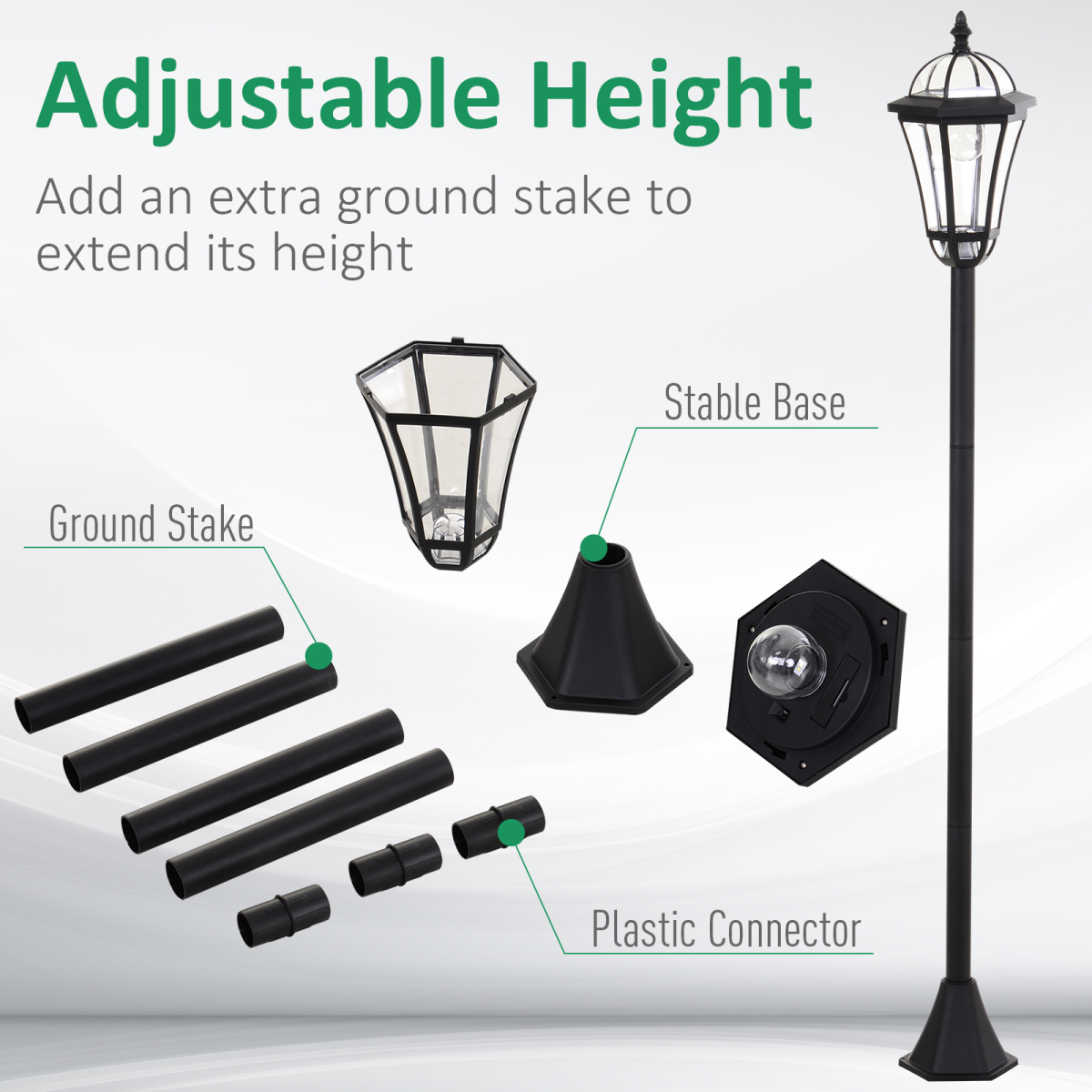 Outsunny Set of 2 Solar LED Garden Lamp Posts with Adjustable Four-Section Poles – Lantern Lights, Black