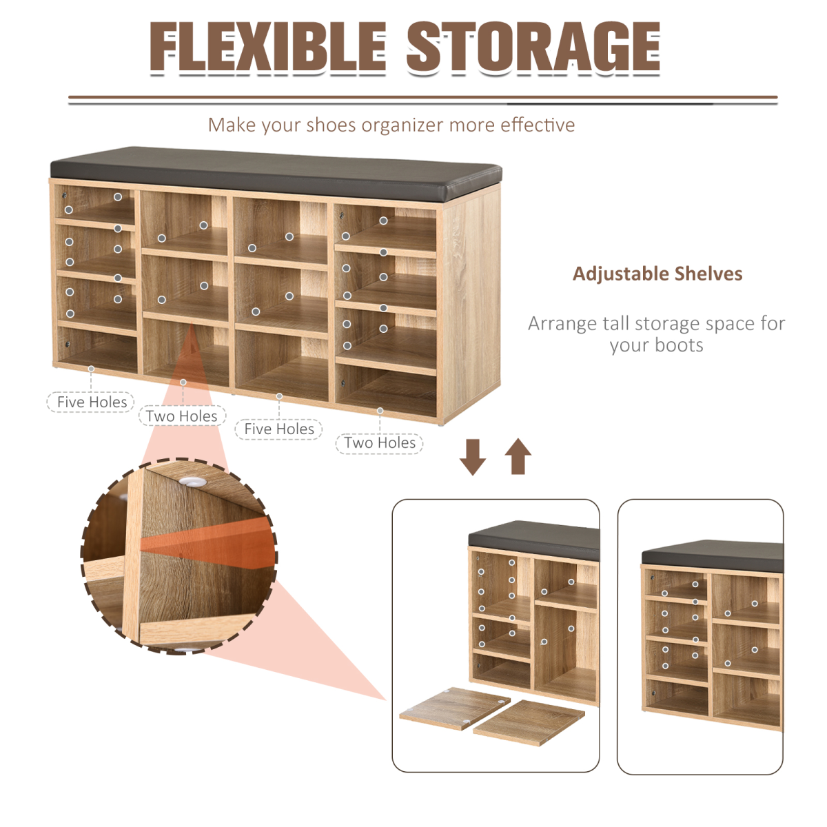 14-Compartment Shoe Rack Bench with Cushion & Adjustable Shelves – Hallway Shoe Storage Seat, Brown