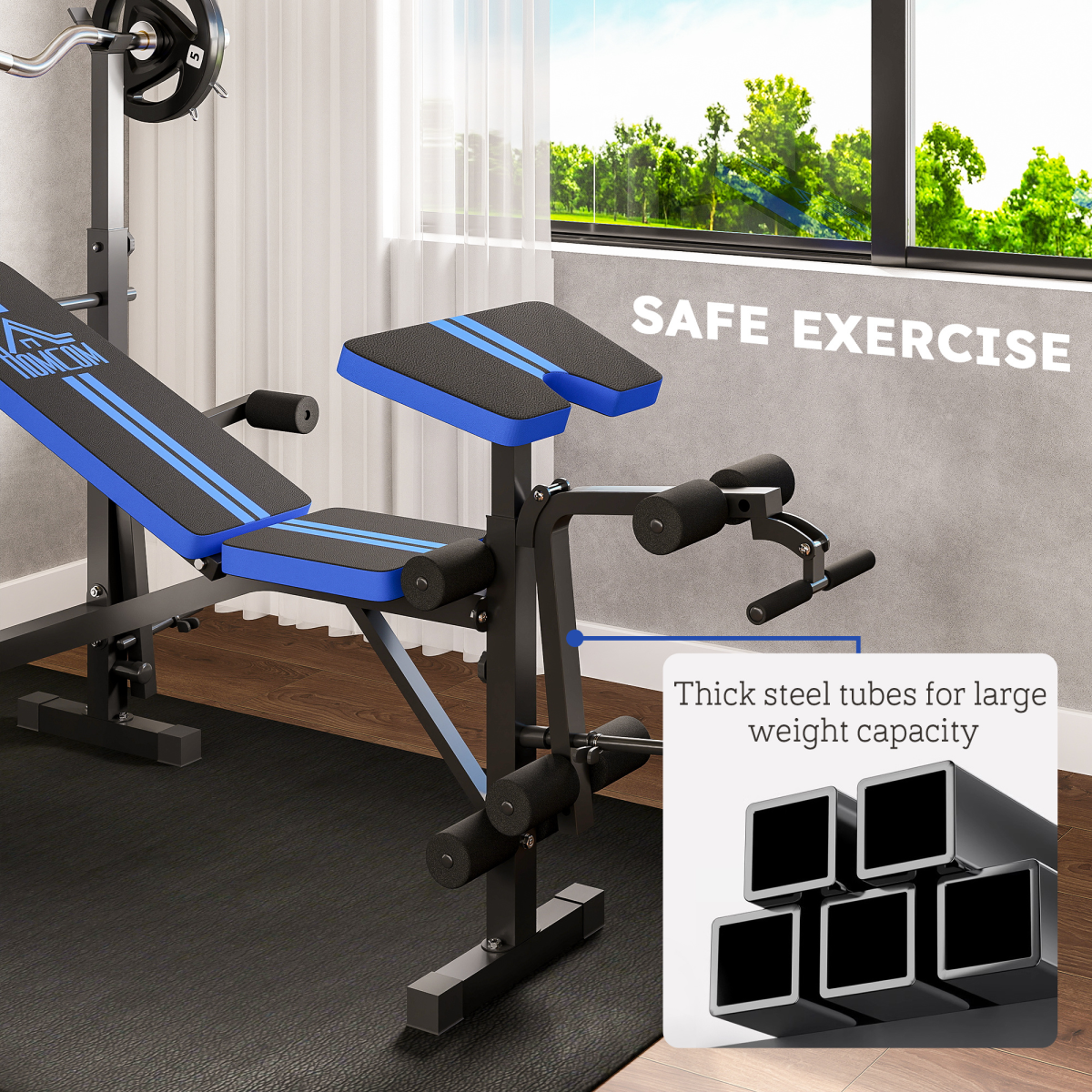 HOMCOM Multi-Function Weight Bench with Squat Rack, Leg Extension and Butterfly Curl – Home Gym, Black and Blue