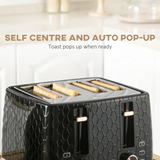 HOMCOM 1.7L Kettle & 4-Slice Toaster Set with Defrost & Reheat – Honeycomb Design Breakfast Set, Black