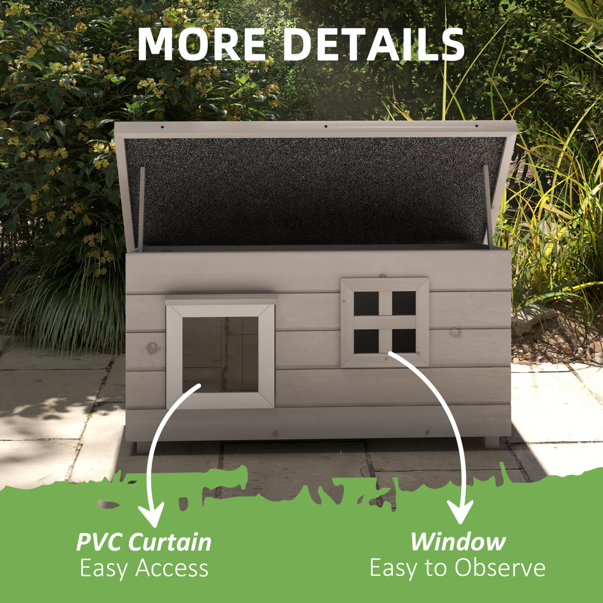 PawHut Wooden Cat House for Outdoors with Openable Asphalt Roof & Window – Elevated Shelter, Grey