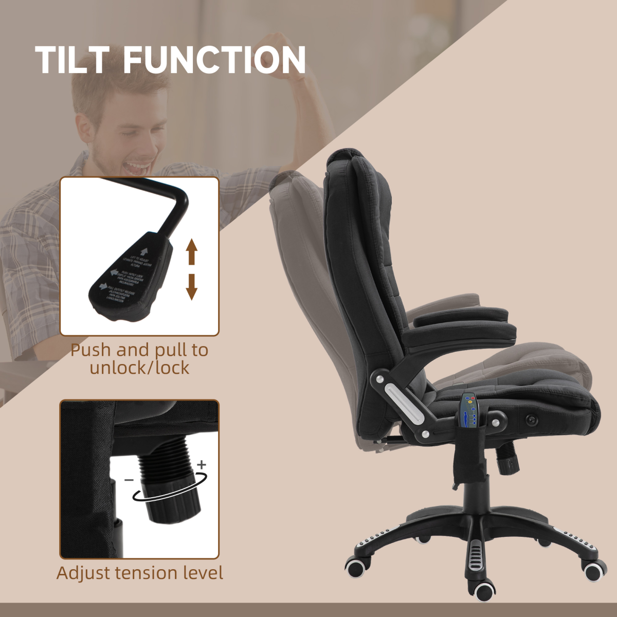 Executive Reclining Office Chair with Heated Massage Points & Relaxing Headrest – 360° Swivel, Black