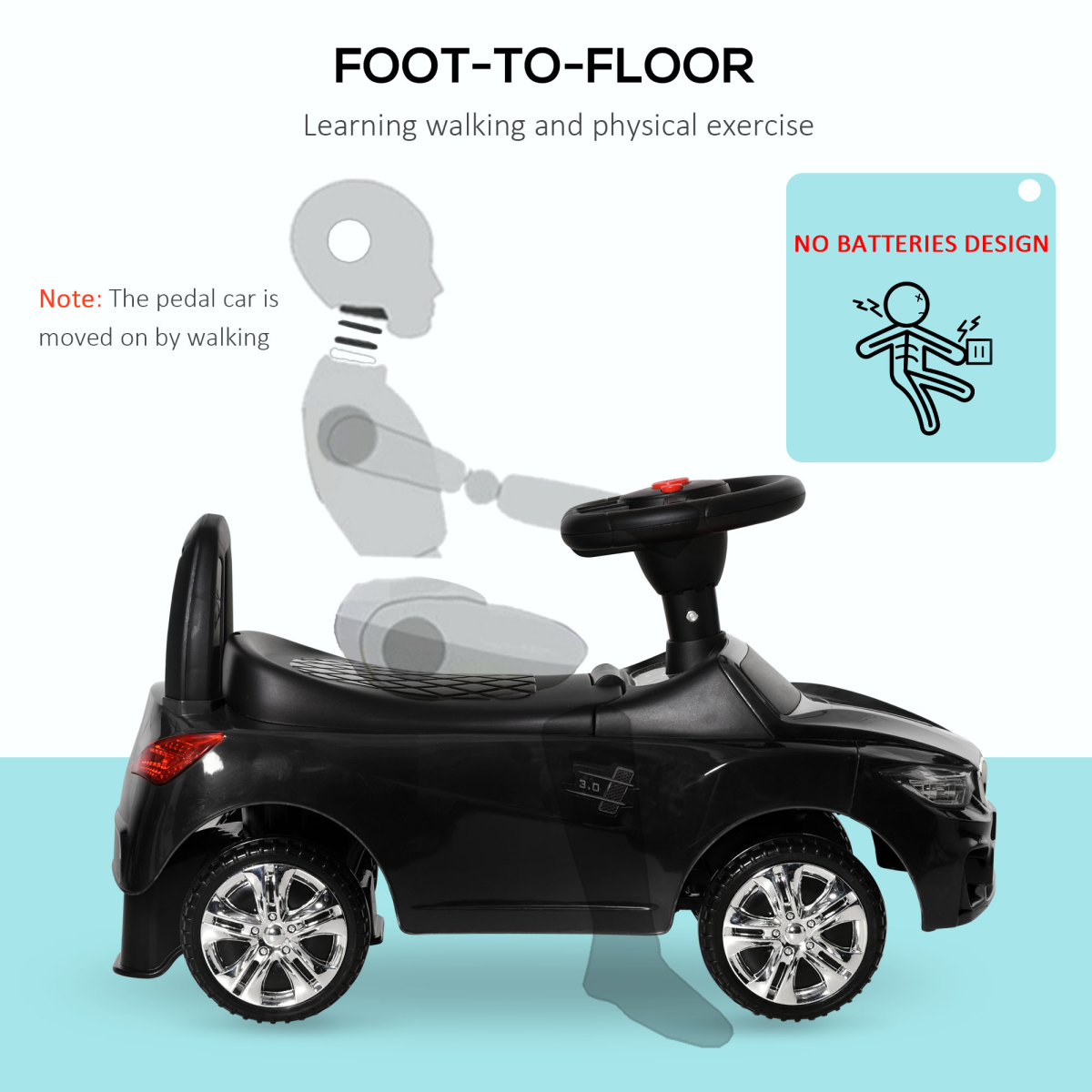 HOMCOM Ride-On Car for Toddlers with Steering Wheel, Horn & Under-Seat Storage – Foot-to-Floor Slider, Black