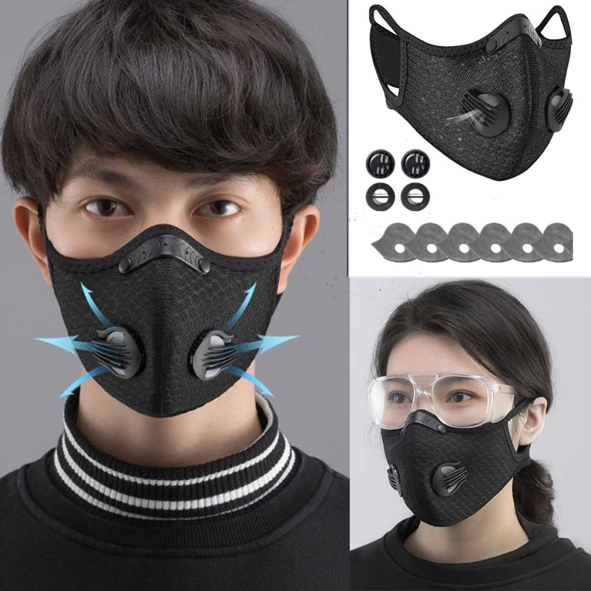 Reusable Half Face Mask with Activated Carbon Filters & Exhaust Valves – Cycling, Running and Outdoor Sports