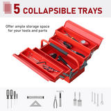 Folding Tool Box with 5 Collapsible Trays – Rust-Resistant Steel Organiser for Home and Workshop, Red