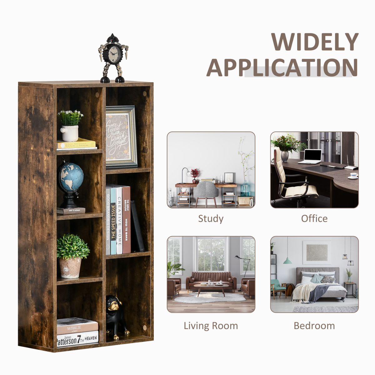 HOMCOM Industrial Cube Bookcase Display Cabinet with 7 Compartments – Metal Frame Storage, Rustic Brown