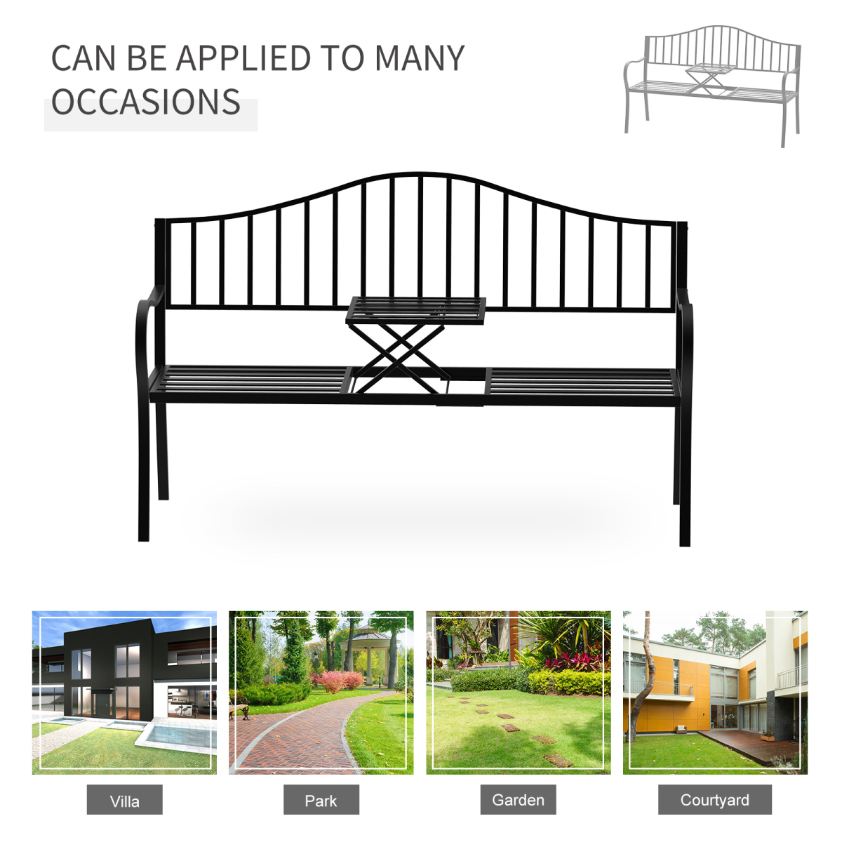 Outsunny Metal 2-Seater Garden Bench with Lift-Up Middle Table – Slatted Patio Seating for Park and Garden