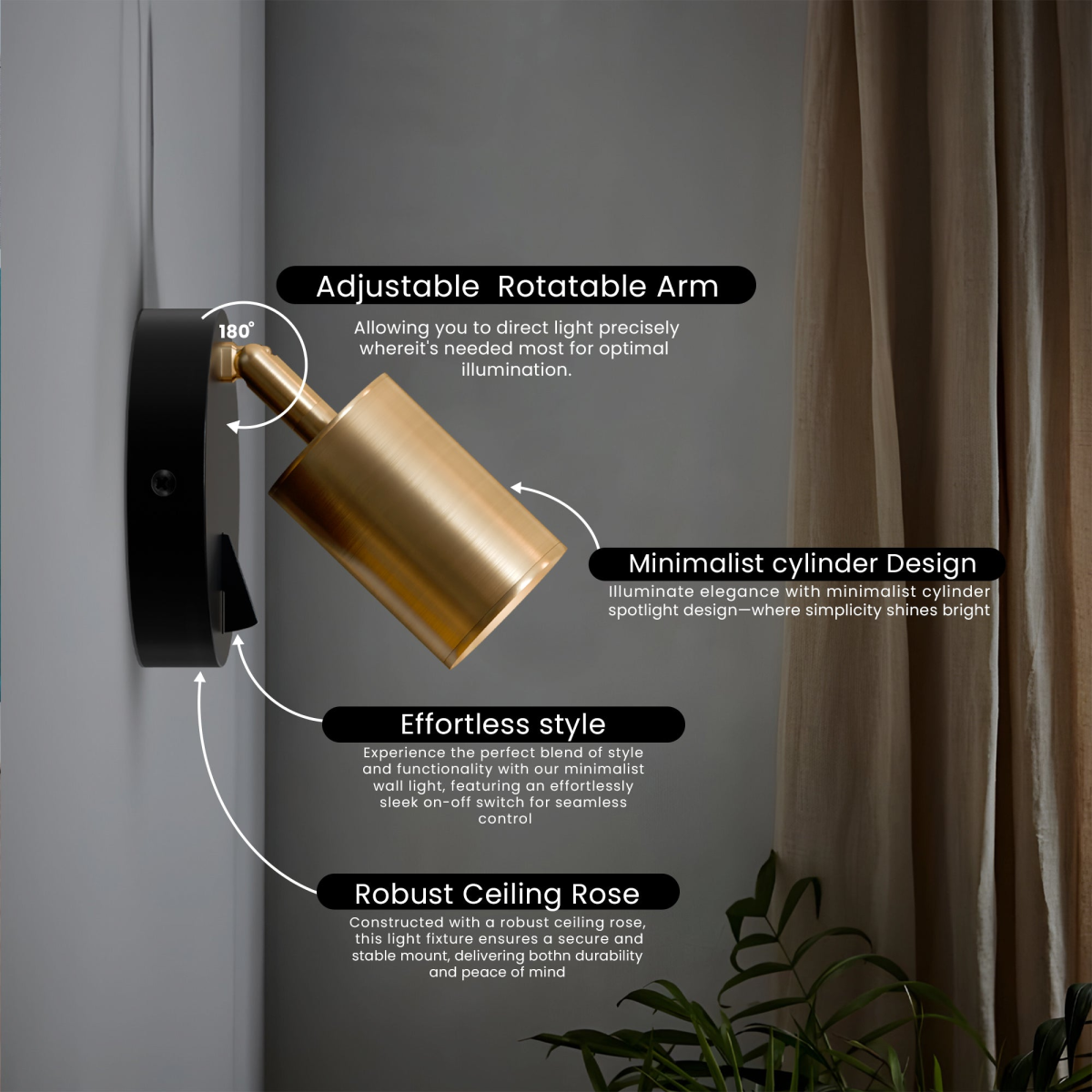 LEDSone Rotatable GU10 Spotlight Wall Light with On-Off Switch – Adjustable Metal Wall Lamp, Yellow Brass