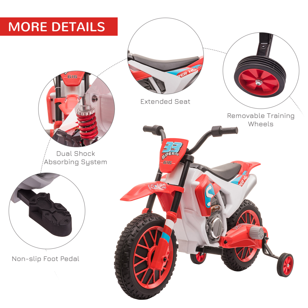 HOMCOM Kids Electric Motorbike Ride-On with Training Wheels, 3-8km/h – Battery-Powered Toy for Ages 3-5, Red