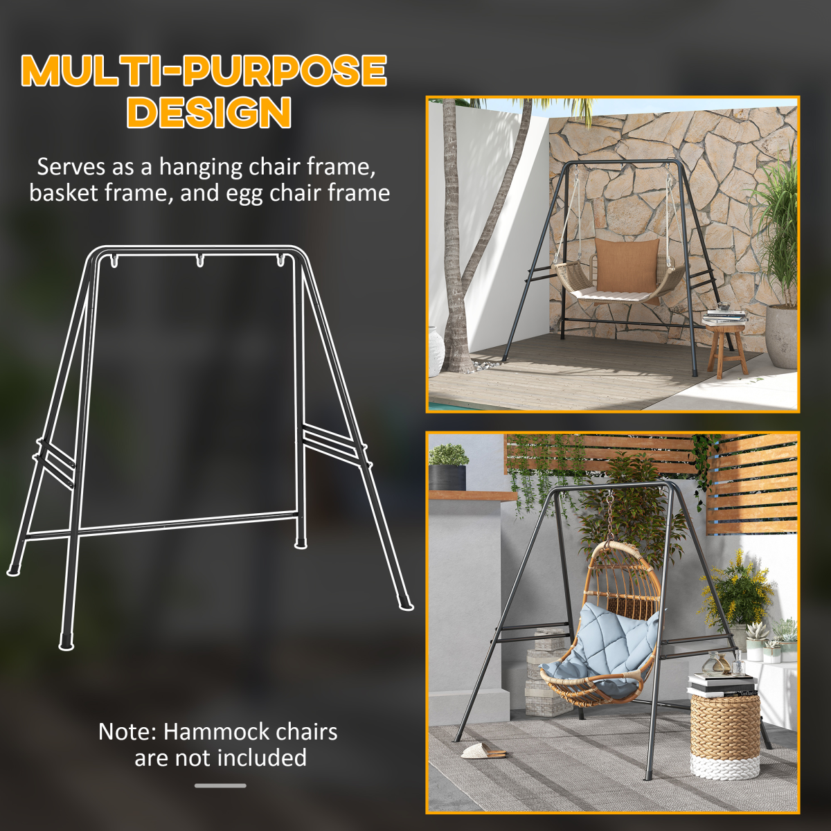 Outsunny Hammock Chair Stand with Solid Steel Frame – Fits Single & Double Connection Points, Black