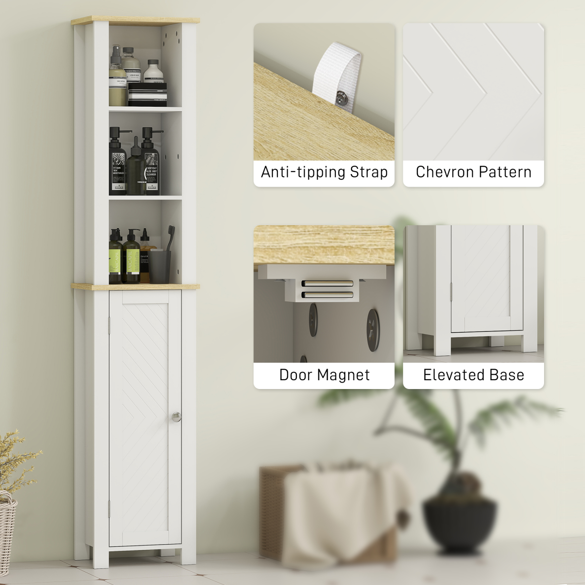 kleankin Slim Bathroom Storage Unit with Open Compartment and Adjustable Shelf – Narrow Cabinet, White