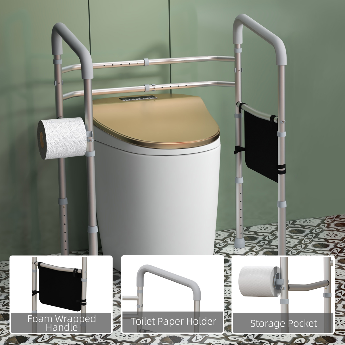 HOMCOM Adjustable Toilet Safety Frame with Padded Arms, Paper Holder and Side Pocket – Aluminium Bathroom Aid