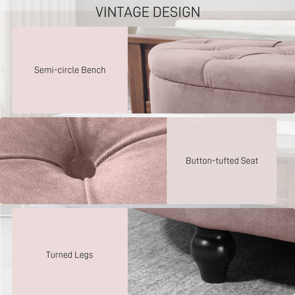 HOMCOM Semi-Circle Tufted Storage Ottoman Bench with Padded Lid – Hidden Storage Seat