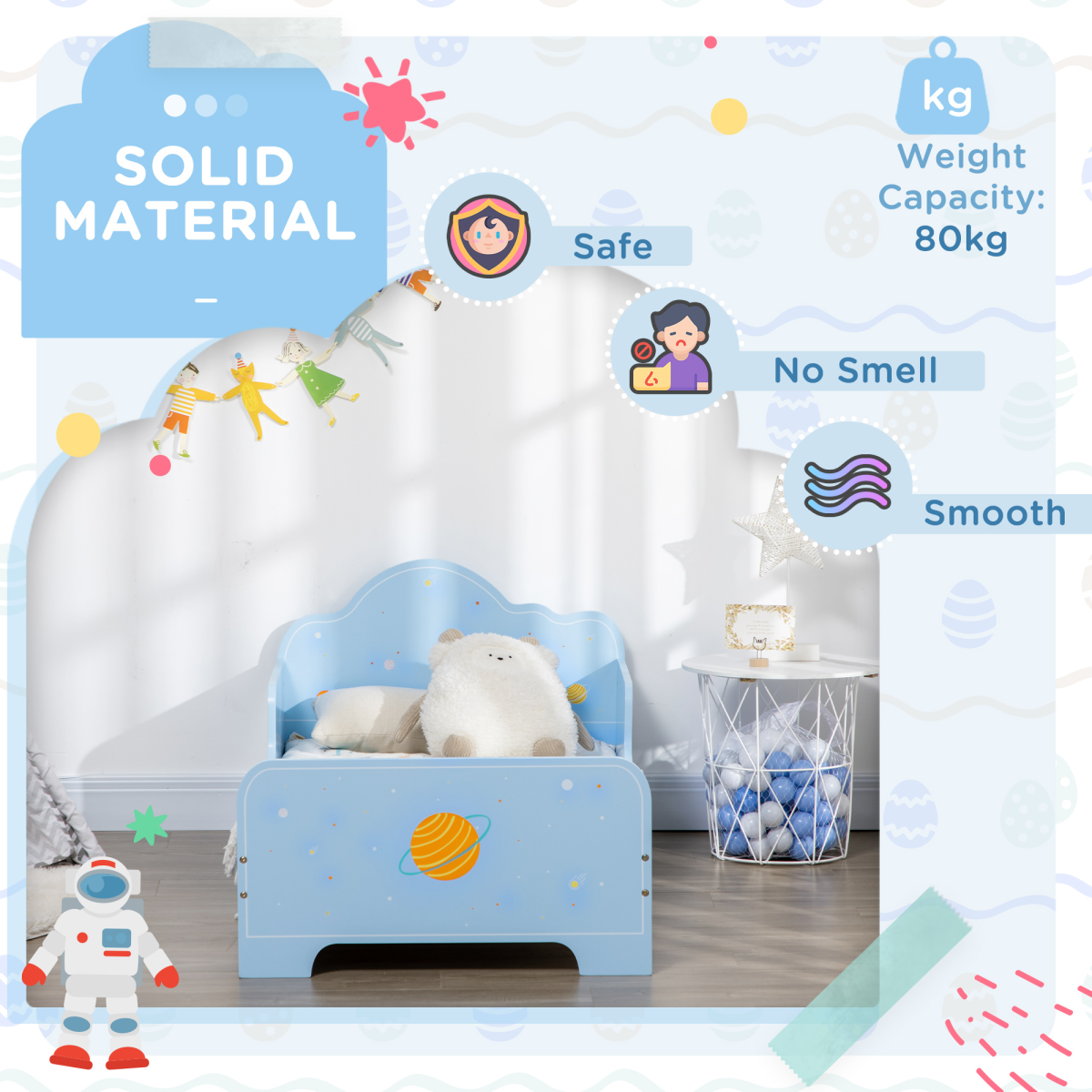 ZONEKIZ Toddler Bed with Space-Themed Rocket and Planet Patterns and Side Rails – Ages 3-6