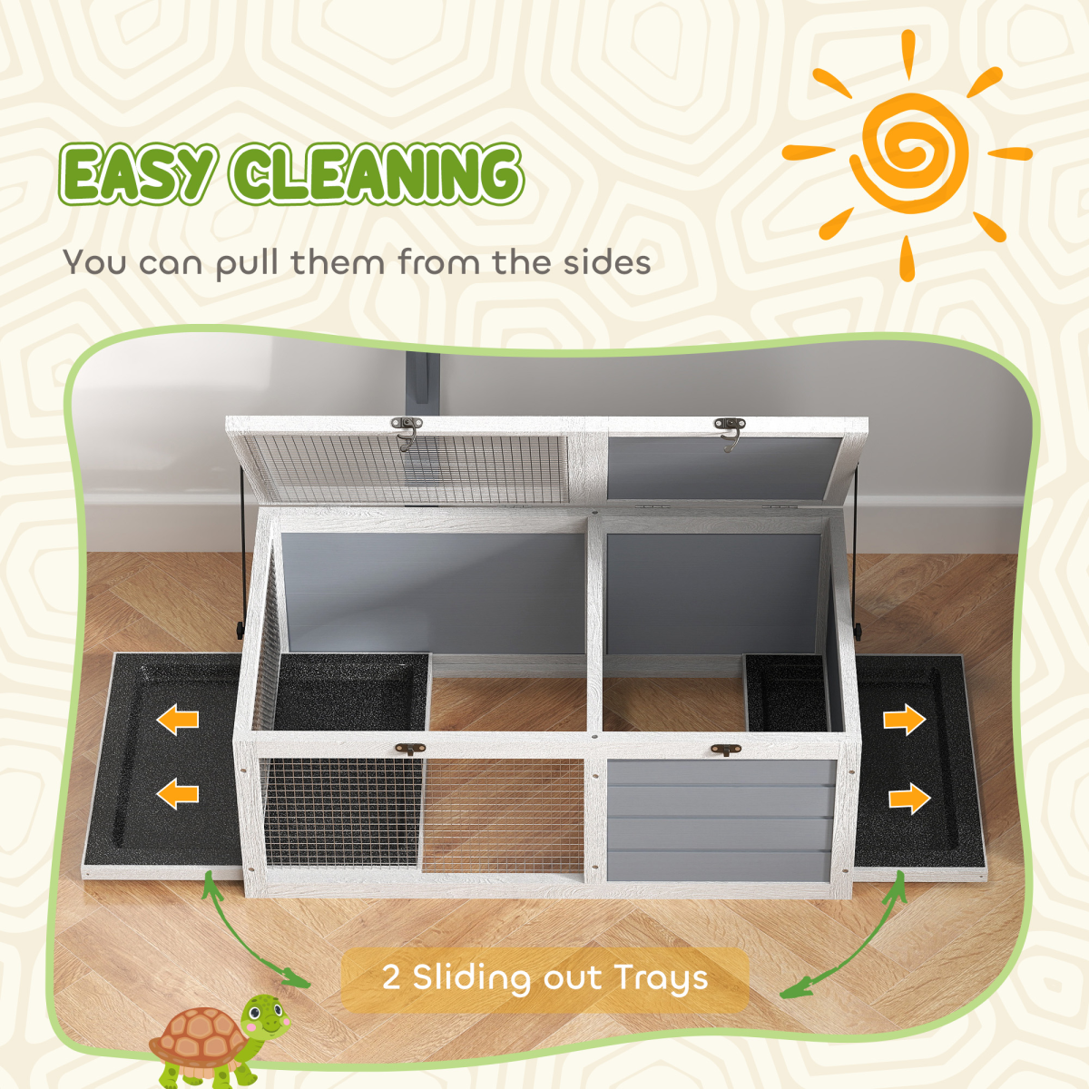 PawHut Tortoise Enclosure with Run, Lamp Holder, Pull-Out Trays & Hideaway – Wooden House, White and Light Grey