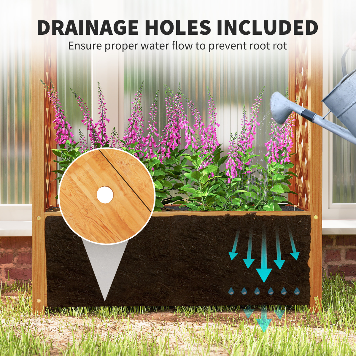 Outsunny Wooden Raised Garden Bed with Side & Arch Trellises, Drainage Holes & Fabric Liner – Fir Wood