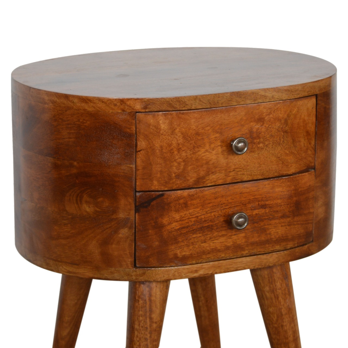 Artisan Furniture Chestnut Rounded Bedside Table with 2 Mini Drawers – Solid Mango Wood, Dark Brown