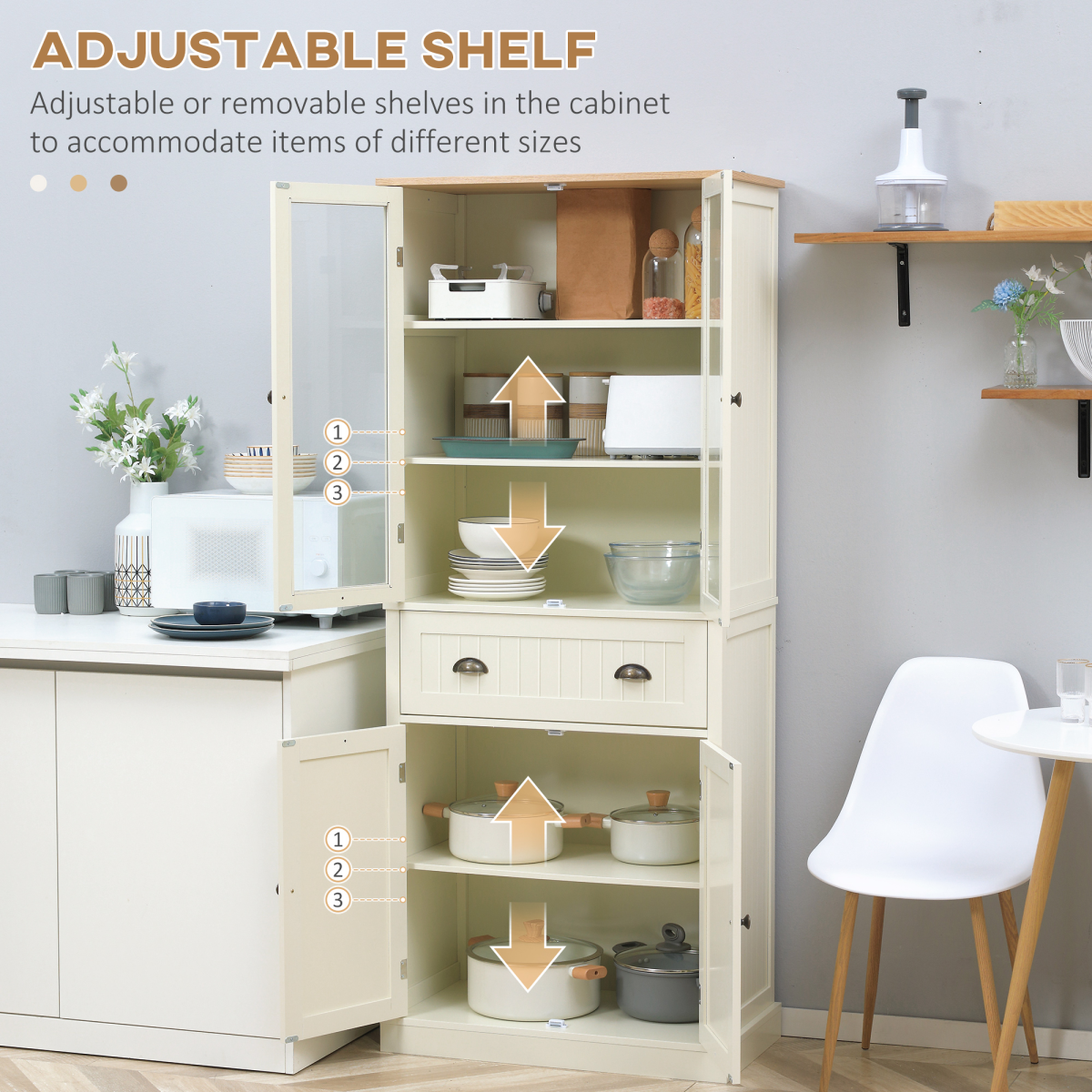 HOMCOM 5-Tier Kitchen Pantry Cupboard with Adjustable Shelves & Doors – Freestanding Storage, Cream