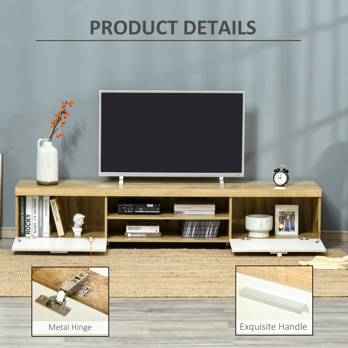 HOMCOM Modern TV Unit with Enclosed Cabinet & Open Shelf – Living Room Media Storage, Light Brown