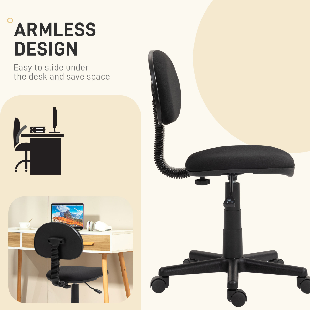 HOMCOM Armless Office Chair with Adjustable Height and 360° Swivel Wheels – Padded Desk Chair, Black