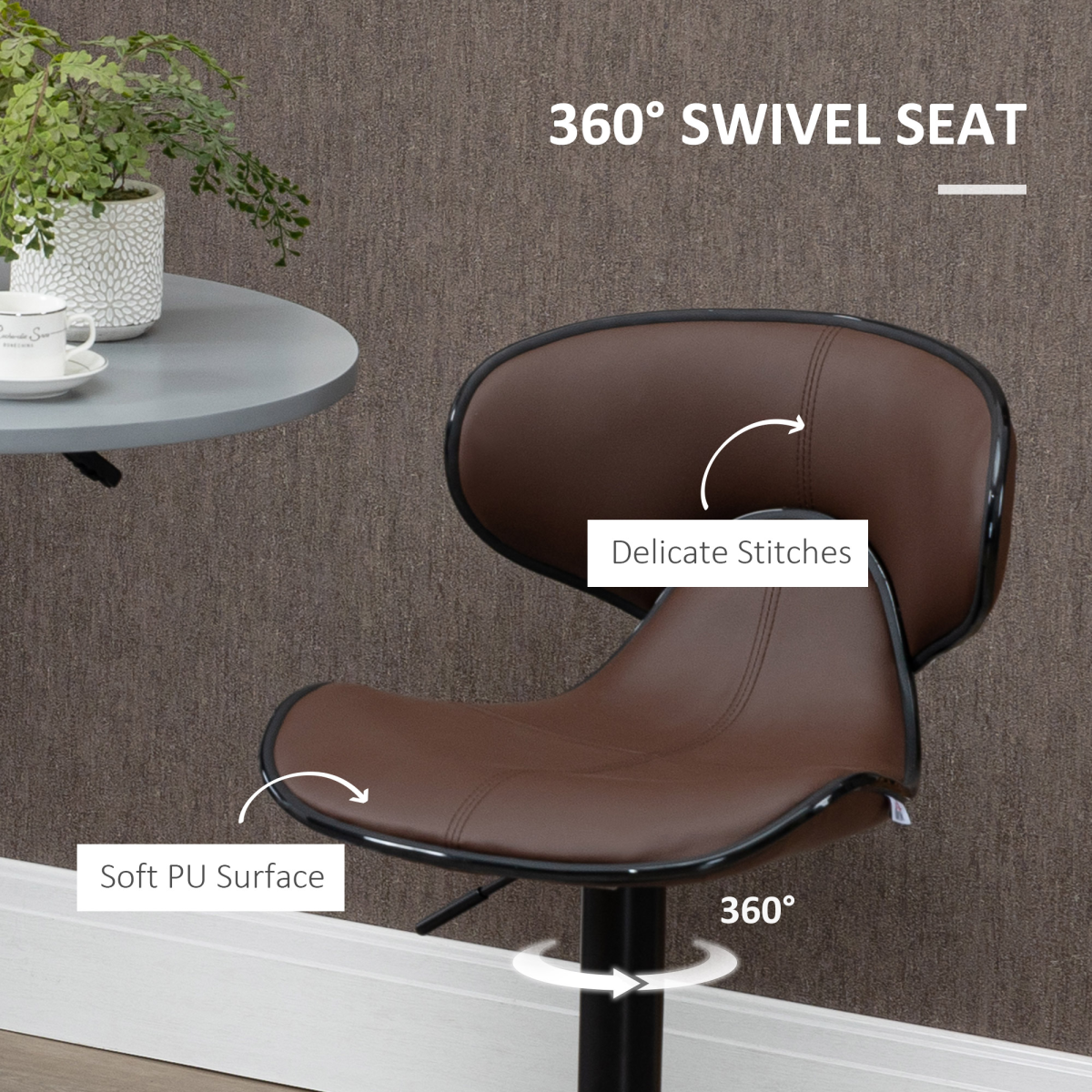 HOMCOM Set of 2 Swivel Bar Stools with Backrest & Footrest – Gas Lift, Faux Leather, Brown