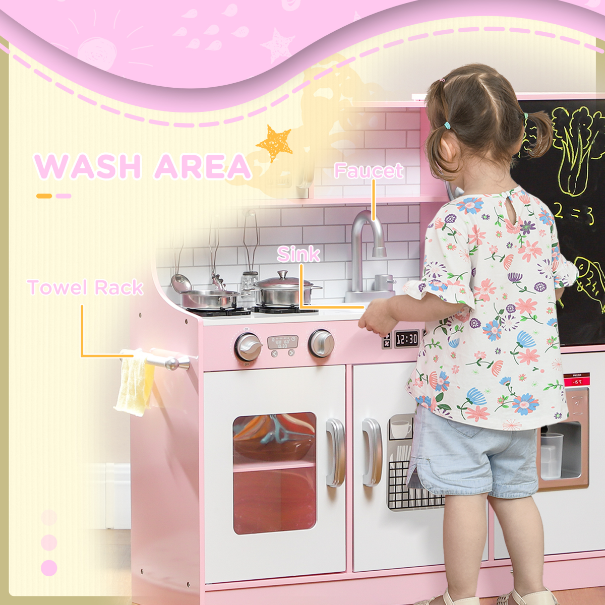 AIYAPLAY Play Kitchen with Toy Phone, Chalkboard, Sink and Ice Maker – Pretend Toy Kitchen Set, Pink