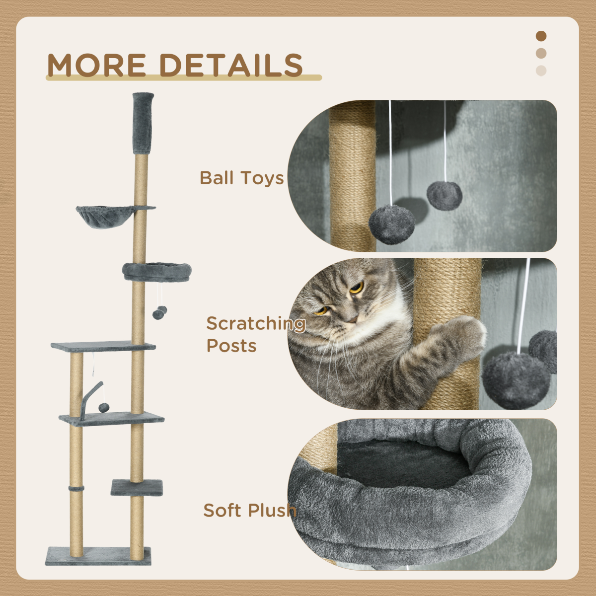 PawHut 6-Tier Floor to Ceiling Cat Tree with Scratching Post, Bed & Hammock – Cat Tower, Grey