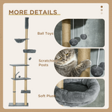 PawHut 6-Tier Floor to Ceiling Cat Tree with Scratching Post, Bed & Hammock – Cat Tower, Grey