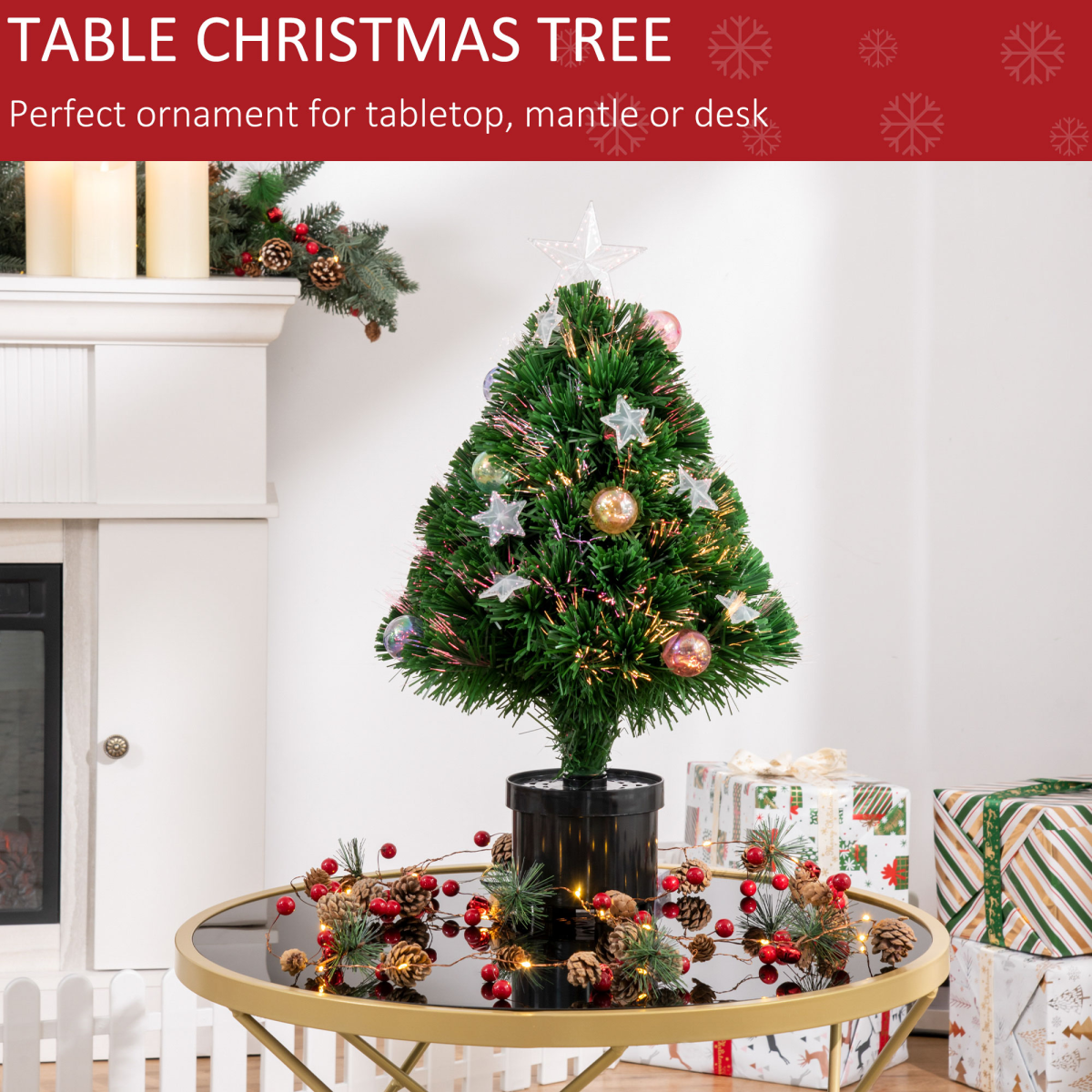 HOMCOM 2ft Pre-Lit Artificial Christmas Tree with Fibre Optic and 60 Warm White LEDs – Tabletop Pot Tree, Green